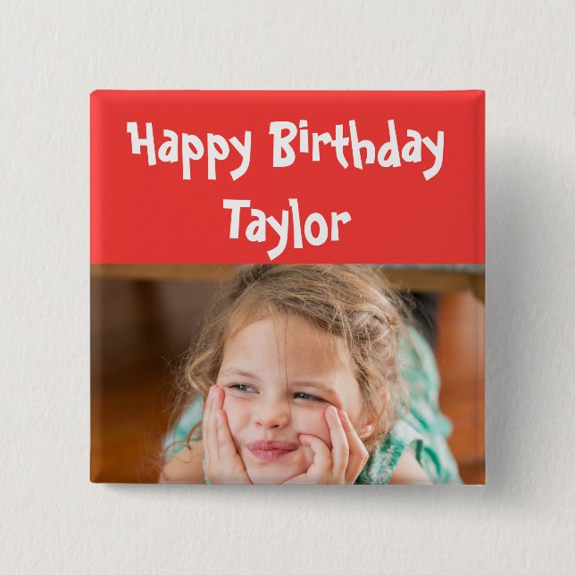 Badge Carré 5 Cm Joyeux anniversaire photo rouge (Devant)