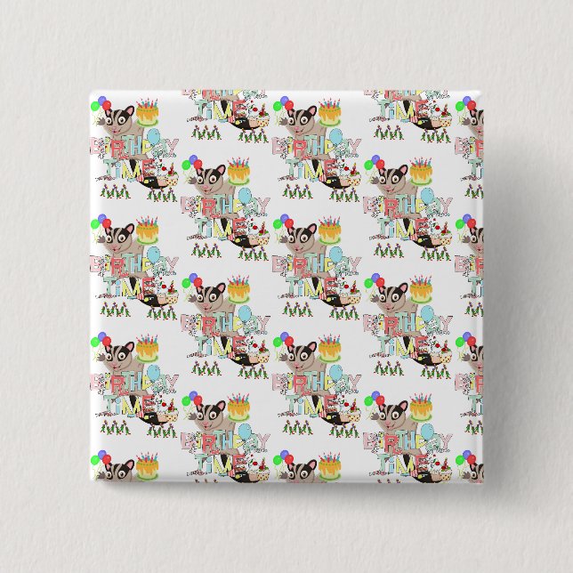 Badge Carré 5 Cm Joyeux Anniversaire Possum Cake Surprise Bouton (Devant)