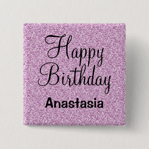 Badge Carré 5 Cm Joyeux Anniversaire Violet Paillettes Nom Brillant