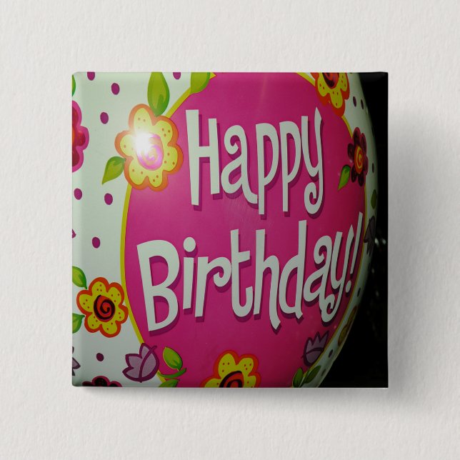 Badge Carré 5 Cm Joyeux Balloon d'Anniversaire avec Fleurs, Concept (Devant)