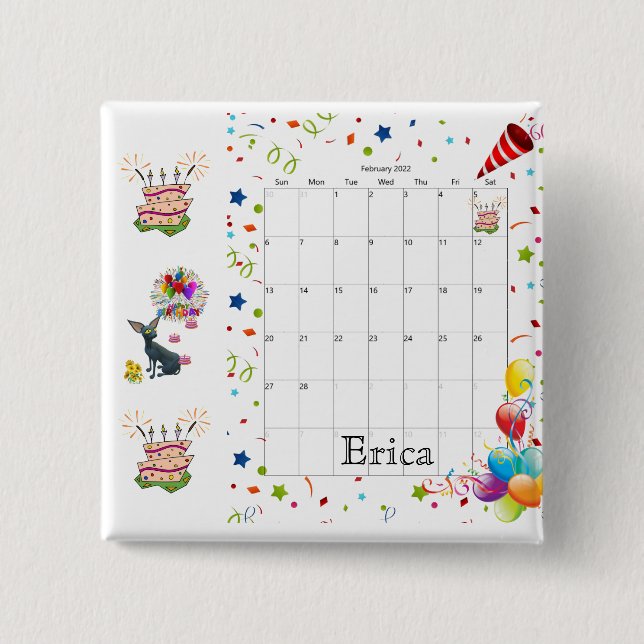 Badge Carré 5 Cm Joyeux calendrier d'anniversaire Février 2022 Bout (Devant)