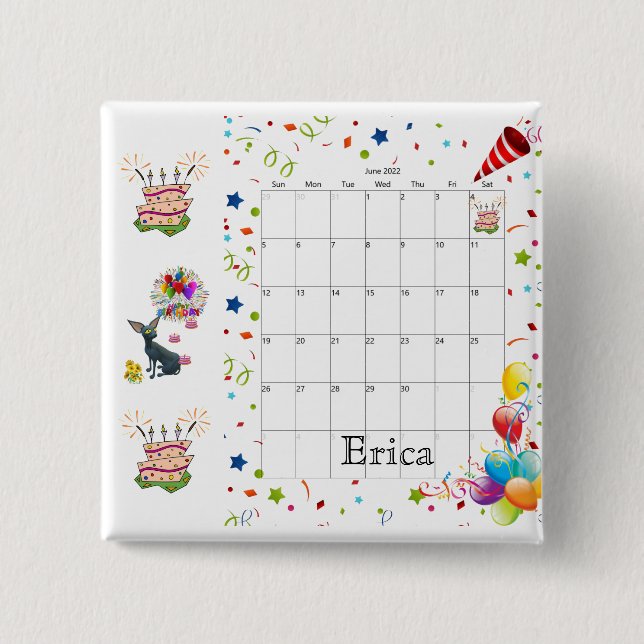 Badge Carré 5 Cm Joyeux calendrier d'anniversaire Juin 2022 Bouton (Devant)