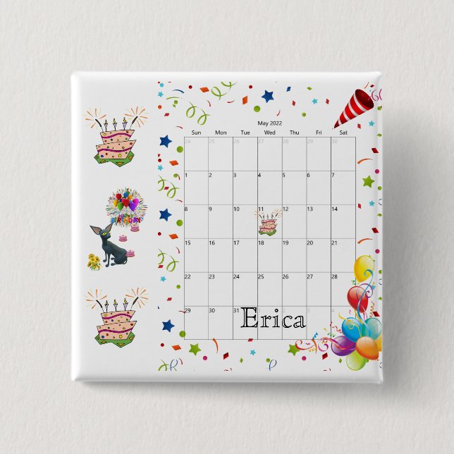 Badge Carré 5 Cm Joyeux calendrier d'anniversaire mai 2022 Bouton  (Devant)