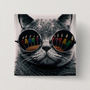 Badge Carré 5 Cm Joyeux chat d'anniversaire 