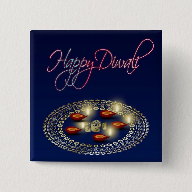 Badge Carré 5 Cm Joyeux Diwali Ganesha Rangoli - Bouton (Devant)