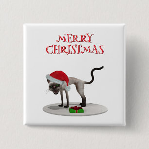 Badge Carré 5 Cm Joyeux Noël. Chat avec chapeau de Père Noël