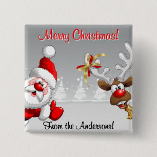 Badge Carré 5 Cm Joyeux Noël Coutume Santa & Renne