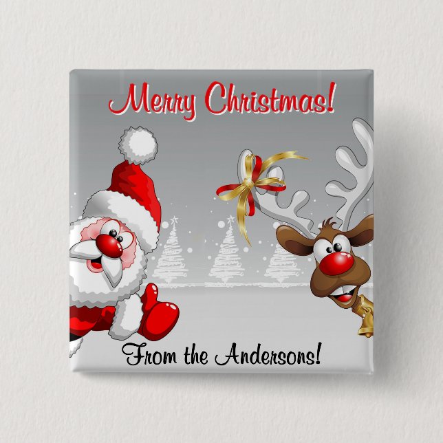Badge Carré 5 Cm Joyeux Noël Coutume Santa & Renne (Devant)