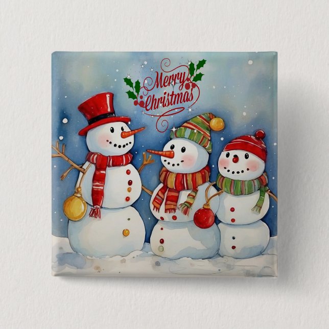 Badge Carré 5 Cm Joyeux Noël, Fête des Snowmen (Devant)