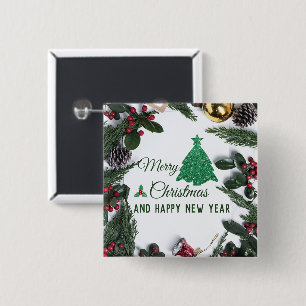 Badge Carré 5 Cm Joyeux Noël - parties scintillant verte