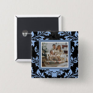 Badge Carré 5 Cm Joyeux Noël personnalisé photo bleu Bouton