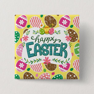 Badge Carré 5 Cm Joyeux OEufs de Pâques colorés Motif Jaune de Pâqu