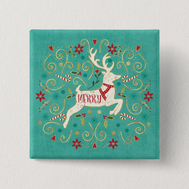 Badge Carré 5 Cm Joyeux renne de Teal de vacances (Devant)