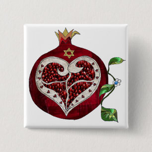 Badge Carré 5 Cm Judaïca Grenade Cœur Hanoukka Rosh Hashanah