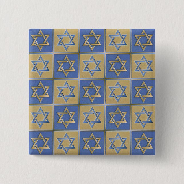 Badge Carré 5 Cm Judaica Star de David Metal Gold Blue (Devant)