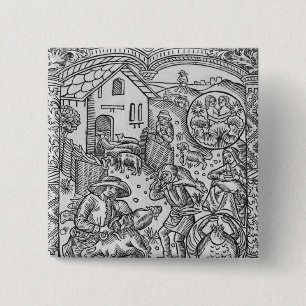 Badge Carré 5 Cm Juin, tonte des moutons, Gémeaux