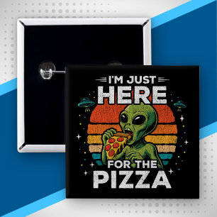 Badge Carré 5 Cm Juste ici pour la pizza rétro espace drôle extrate