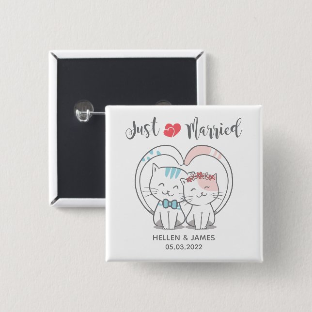 Badge Carré 5 Cm Juste marié Mariage de chat (Devant & derrière)