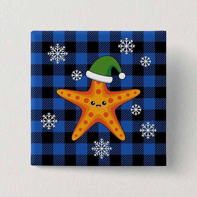 Badge Carré 5 Cm Kawaii Xmas Starfish sur Blue Buffalo Motif (Devant)