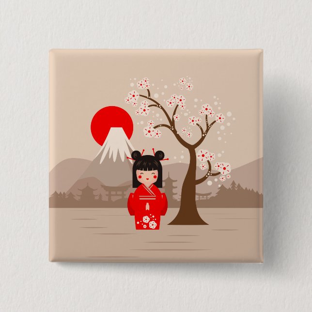 Badge Carré 5 Cm Kokeshi - Poupée japonaise (Devant)