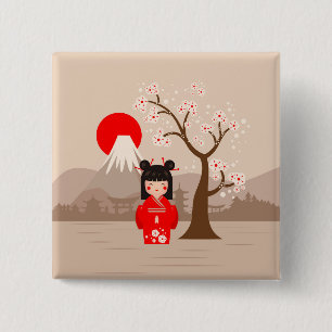 Badge Carré 5 Cm Kokeshi - Poupée japonaise