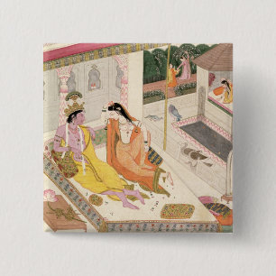 Badge Carré 5 Cm Krishna et Radha sur un lit dans un palais de