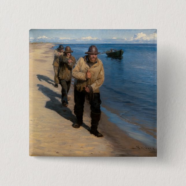 Badge Carré 5 Cm Kroyer - Trois pêcheurs tirant un bateau (Devant)
