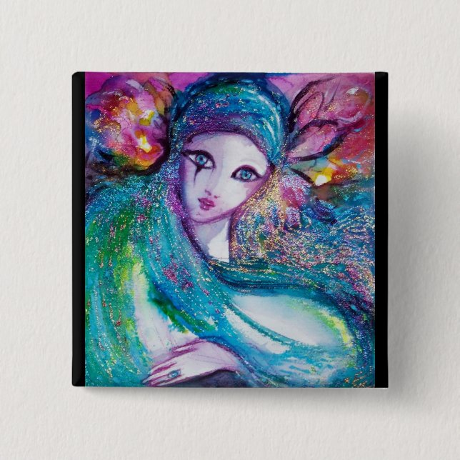 Badge Carré 5 Cm LADY BLUE MASK Venetian Masquerade Party (Devant)