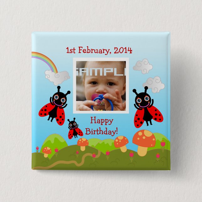 Badge Carré 5 Cm Ladybugs souhaitant un joyeux anniversaire avec ph (Devant)
