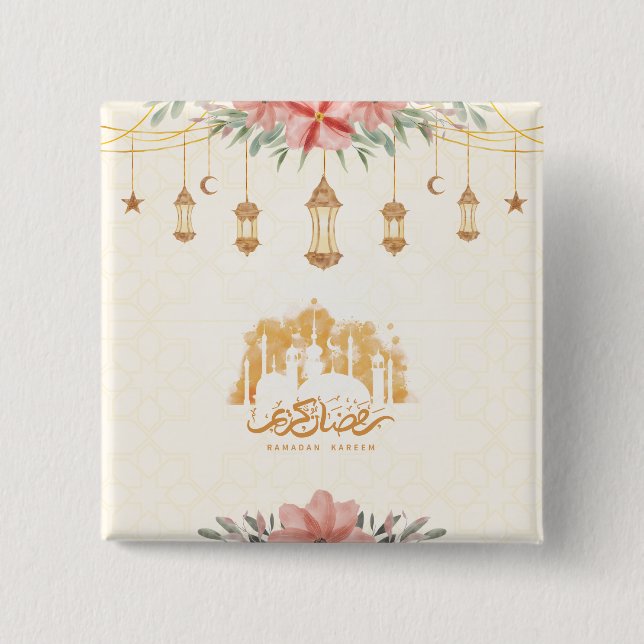 Badge Carré 5 Cm Lanternes d'aquarelle florale Ramadan Kareem (Devant)