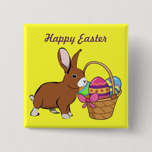 Badge Carré 5 Cm Lapin Avec Bouton Panier (Devant)