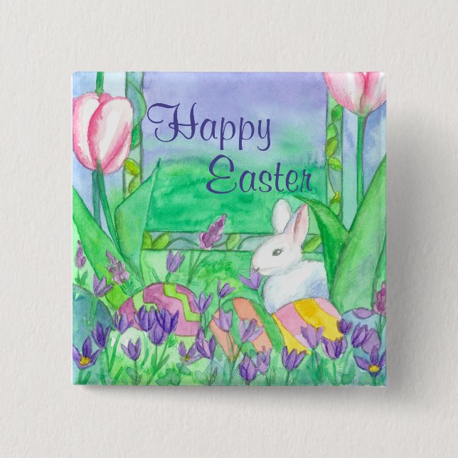 Badge Carré 5 Cm Lapin Blanc Joyeux Pâques (Devant)