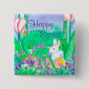 Badge Carré 5 Cm Lapin Blanc Joyeux Pâques