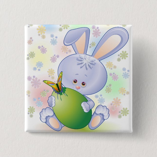 Badge Carré 5 Cm Lapin de Pâques avec œuf et fleurs (Devant)