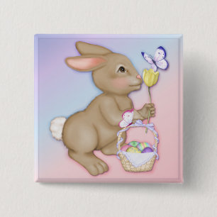 Badge Carré 5 Cm Lapin et panier de Pâques
