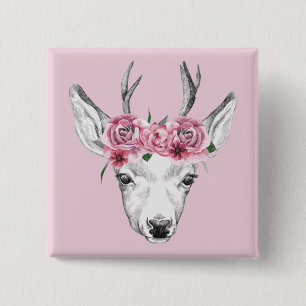 Badge Carré 5 Cm L'aquarelle fleurit des cerfs communs