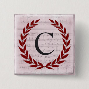Badge Carré 5 Cm Laurel Wreath Sheet Musique Monogramme initial C