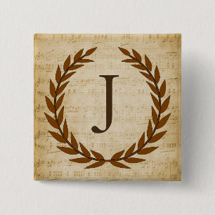 Badge Carré 5 Cm Laurel Wreath Sheet Musique Monogramme initial J