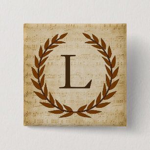 Badge Carré 5 Cm Laurel Wreath Sheet Musique Monogramme initial L