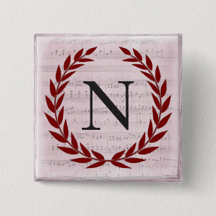 Badge Carré 5 Cm Laurel Wreath Sheet Musique Monogramme initial N