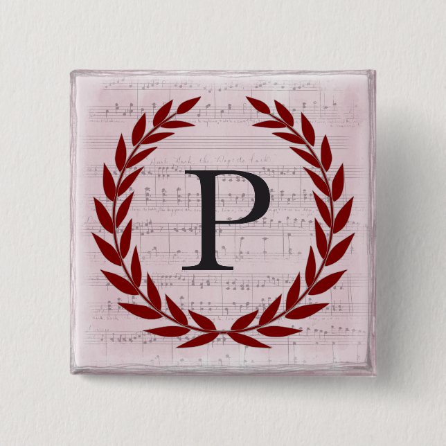Badge Carré 5 Cm Laurel Wreath Sheet Musique Monogramme initial P (Devant)