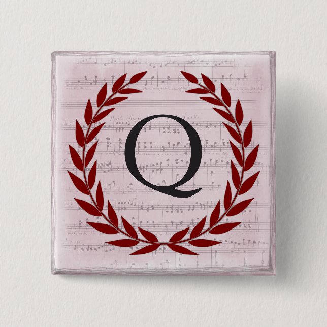 Badge Carré 5 Cm Laurel Wreath Sheet Musique Monogramme initial Q (Devant)