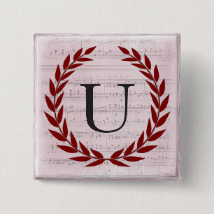 Badge Carré 5 Cm Laurel Wreath Sheet Musique Monogramme initial U