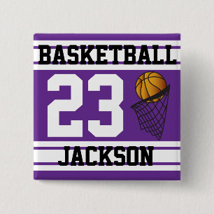 Badge Carré 5 Cm Le basket-ball pourpre et le blanc barre le texte