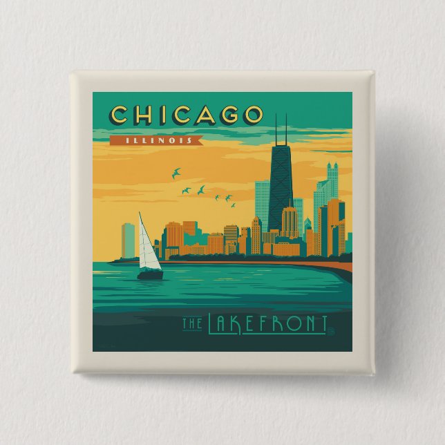 Badge Carré 5 Cm Le Lakefront | Chicago, Illinois (Devant)