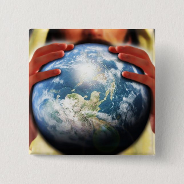Badge Carré 5 Cm Le monde entier dans ses mains (Devant)