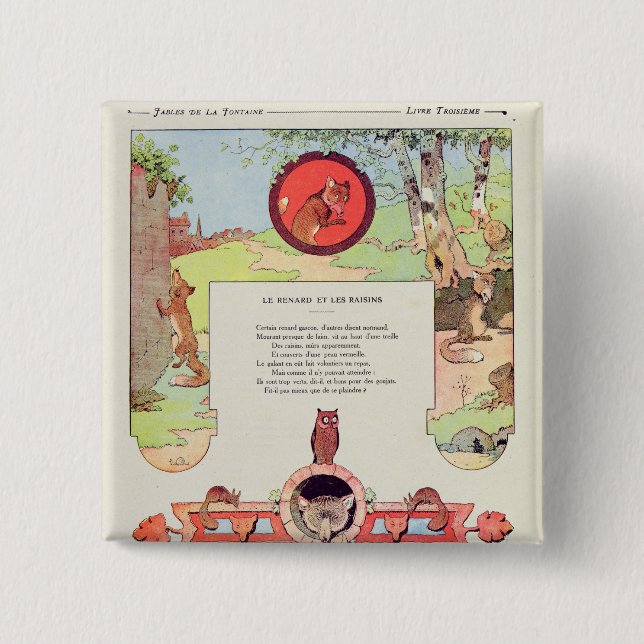 Badge Carré 5 Cm Le renard et les raisins (Devant)