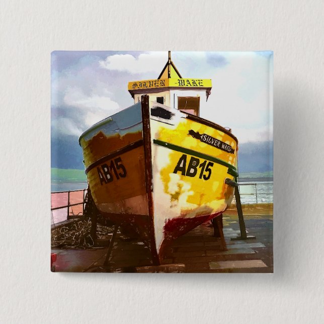 BADGE CARRÉ 5 CM LE VIEUX BATEAU DE PÊCHE (Devant)