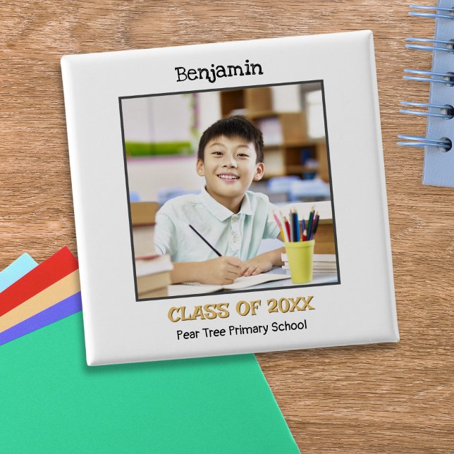 Badge Carré 5 Cm Leaver de l'école primaire - photo (A keepsake button for a school leaver, customized with photo, name, 'Class of' year and school name)