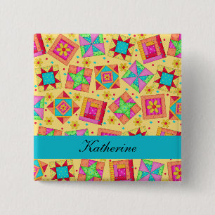 Badge Carré 5 Cm L'édredon de patchwork jaune de turquoise bloque